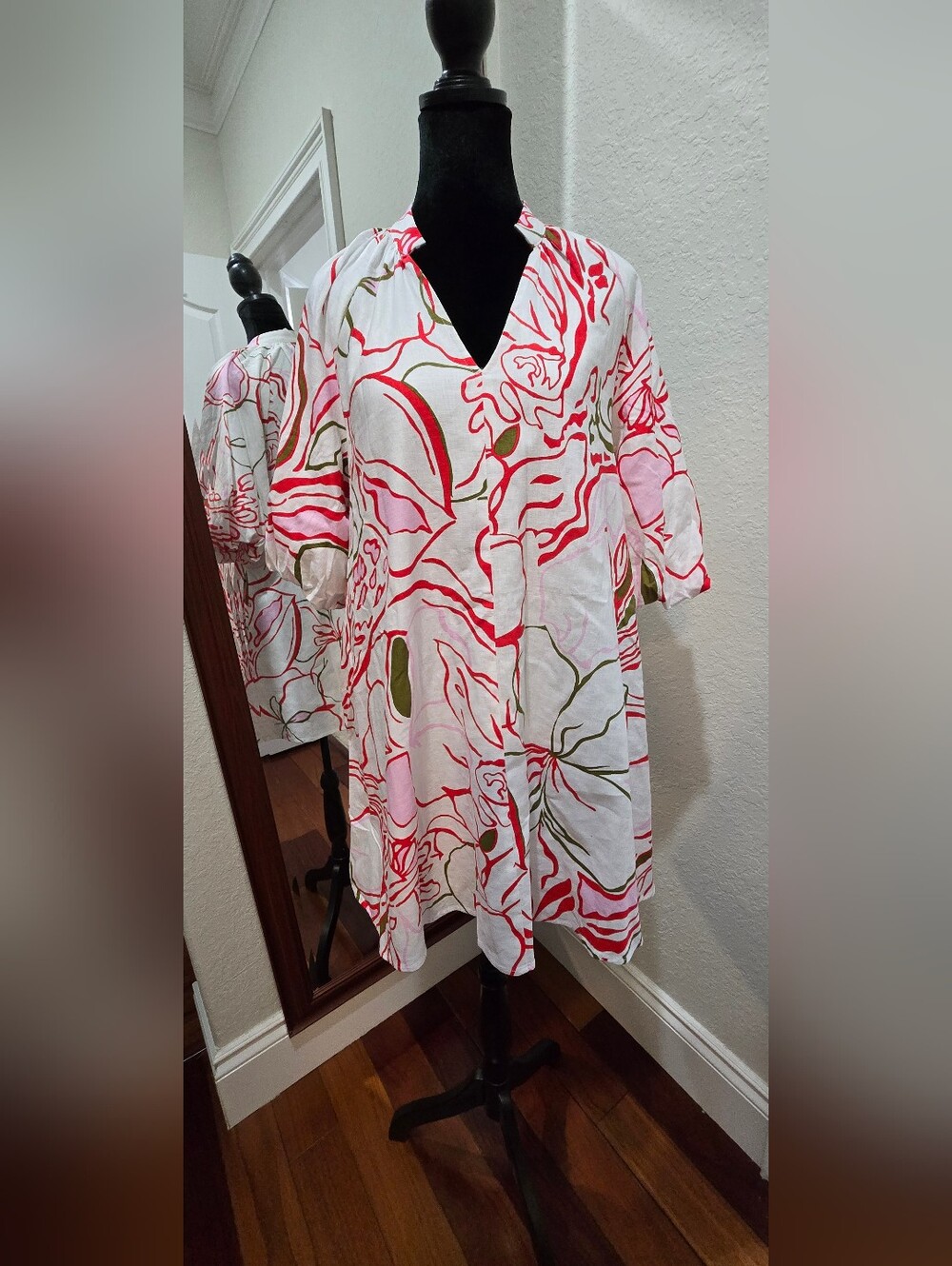 Magaschoni White Floral Midi Dress with Pink & Olive Accents